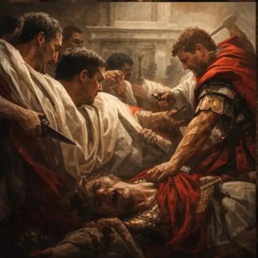 The assassination of Julius Caesar, with several figures stabbing Caesar with daggers