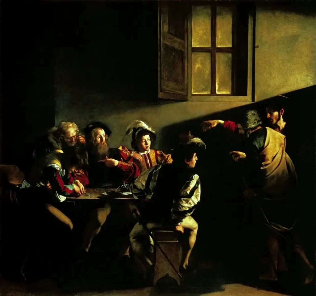 Caravaggio’s painting “The Calling of Saint Matthew,” depicting a beam of light in a dark space highlighting the moment Saint Matthew is chosen among seated figures.