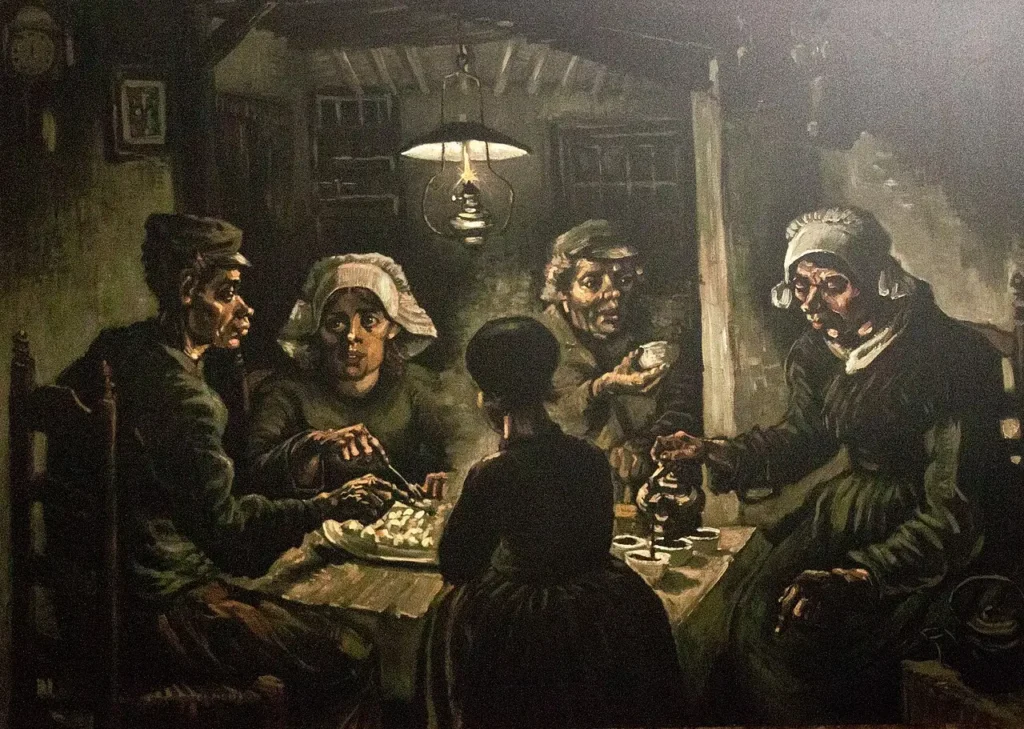Vincent van Gogh’s The Potato Eaters — five women sitting at a table in a dimly lit room, having breakfast.