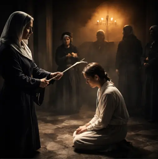 A young nun kneeling with her head bowed in obedience toward an older nun
