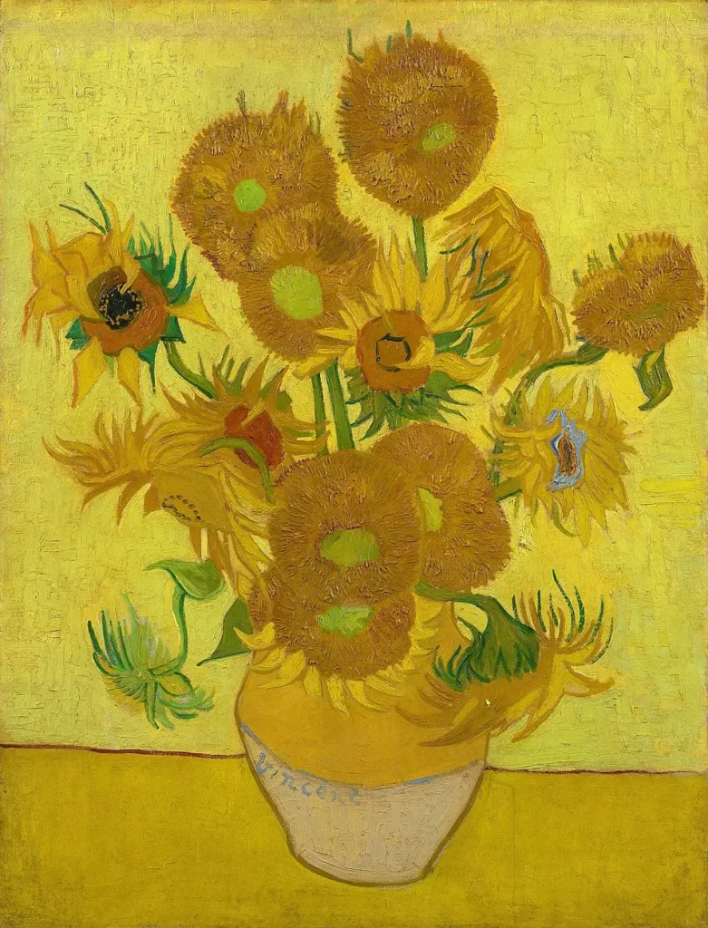 Vincent van Gogh’s painting Sunflowers — sunflowers arranged in a vase.