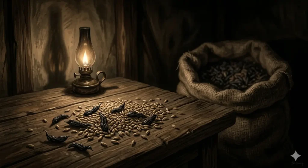A sack filled with rye and cut rye grains on a table under lamplight.