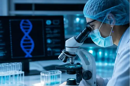 A laboratory technician in a white coat looks into a microscope.