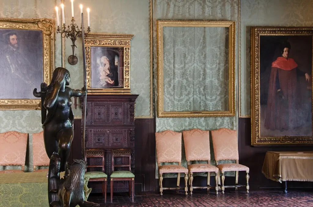 The empty frame remains in the place where The Storm on the Sea of Galilee was once displayed. A photograph showing the empty frames of the paintings stolen from the Isabella Stewart Gardner Museum after the famous art heist.