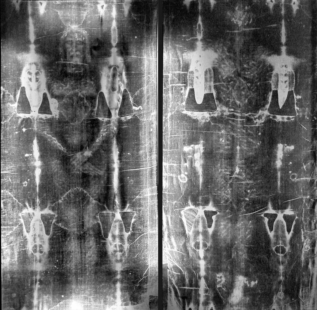 The front and back negative images of the Shroud of Turin, clearly revealing the human body.