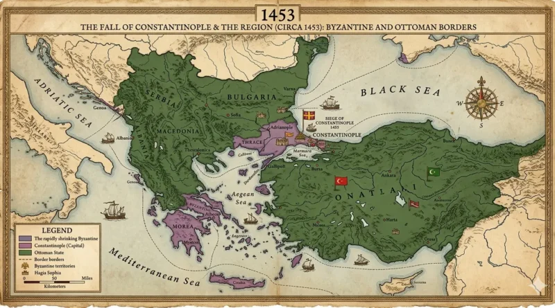 Historical map illustrating the Byzantine Empire and Ottoman State borders in 1453 during the Fall of Constantinople. The map shows the rapidly shrinking Byzantine territories, including Thrace, Morea, and the capital Constantinople in purple, contrasted against the expansive Ottoman territories in green across Anatolia and the Balkans.