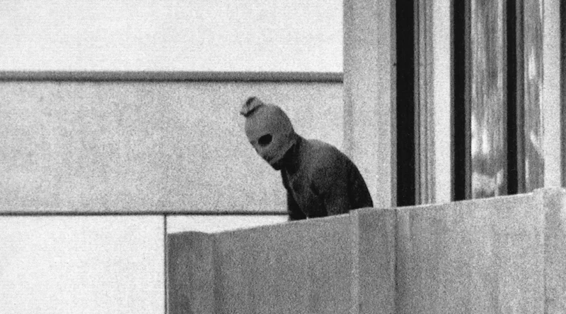 Masked terrorist on the balcony during the Munich Olympics hostage crisis in 1972