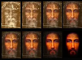 Facial image of the body depicted on the Shroud of Turin, processed with modern technology and a reconstructed facial image.