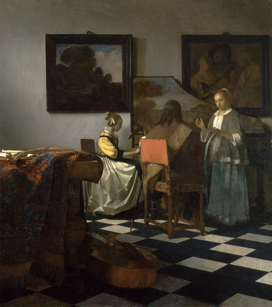 Johannes Vermeer painting The Concert, two women and a man playing music in a room