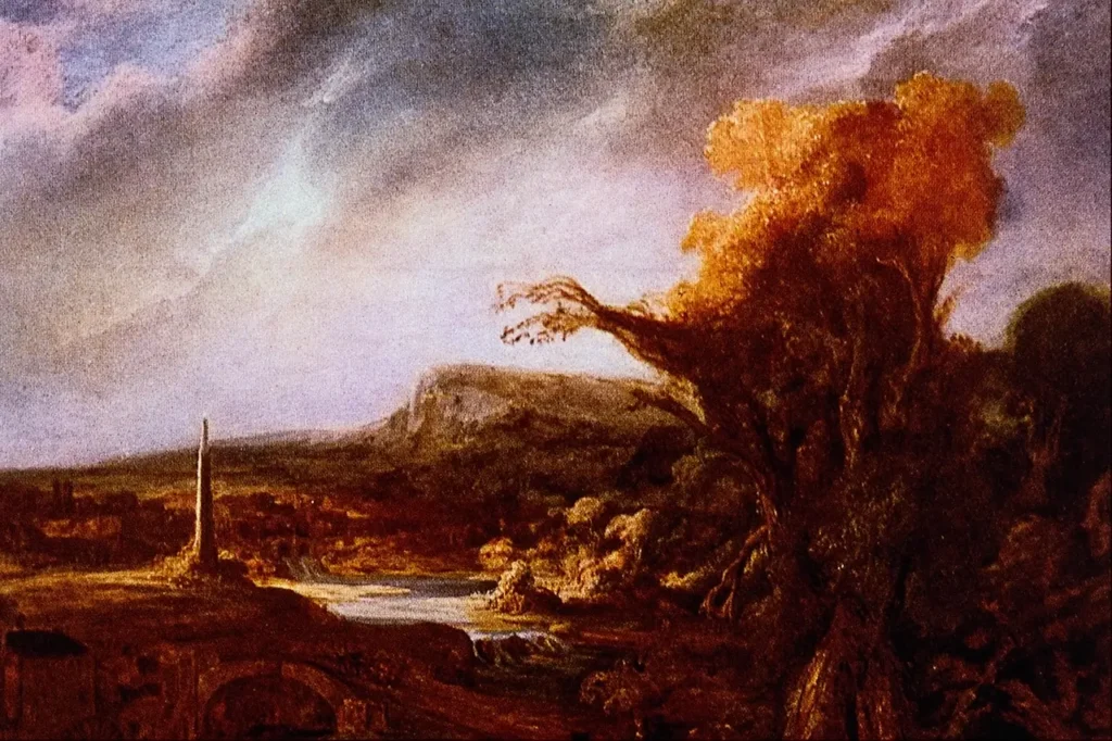 Govert Flinck painting Landscape with an Obelisk, a dramatic landscape with a tree, river, and an ancient obelisk