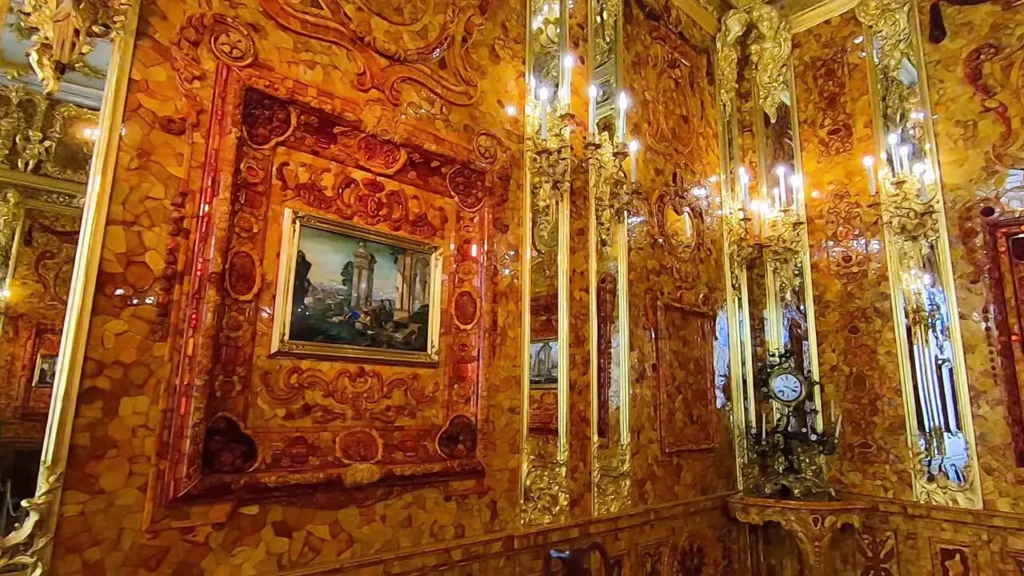 The Amber Room in the Catherine Palace, golden amber panels and gilded decorations