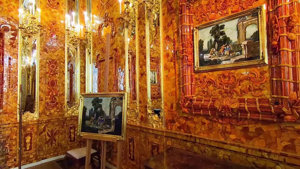 The Amber Room in the Catherine Palace, golden amber panels and gilded decorations