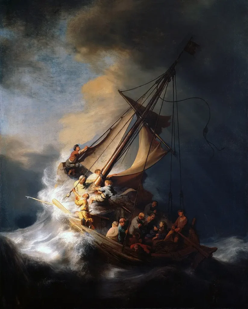 Rembrandt painting The Storm on the Sea of Galilee, a ship in rough waves with Christ and his disciples