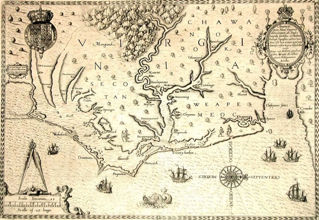 A 16th-century authentic map by John White, showing Roanoke Island and the coast of North Carolina.