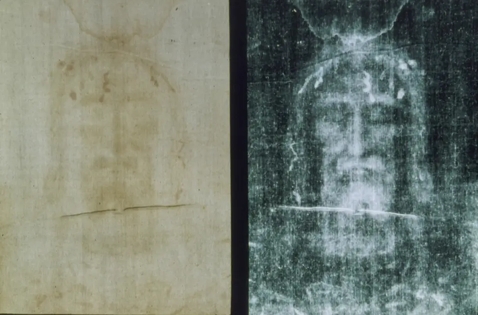 Negative image of the facial section of the Shroud of Turin, where a human face is clearly visible.