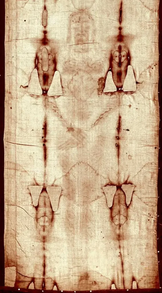 The Shroud of Turin. A human body silhouette can be seen on it in the form of stains.