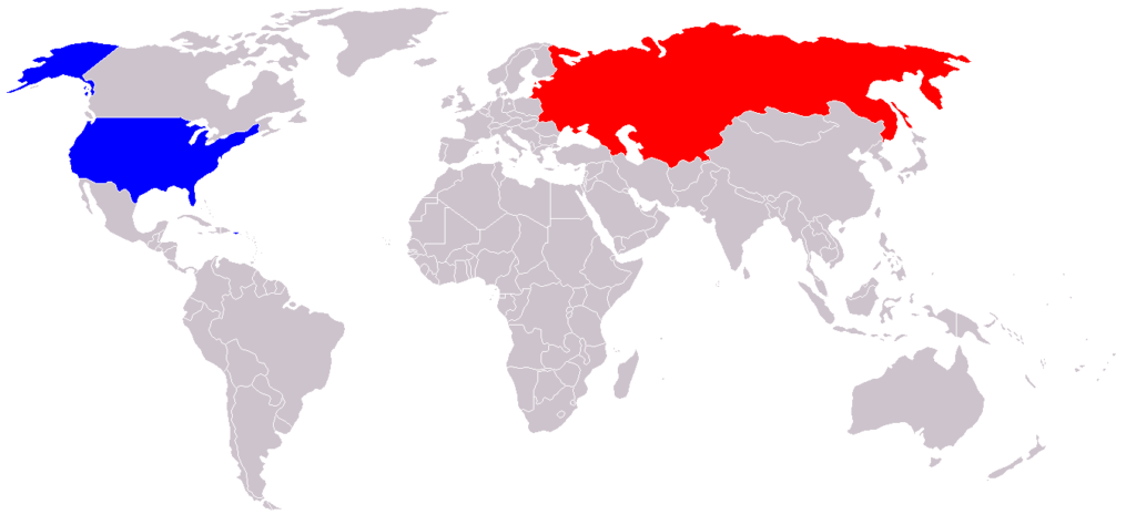 World map showing the Soviet Union highlighted in red and the United States highlighted in blue, representing the two superpowers of the Cold War era.