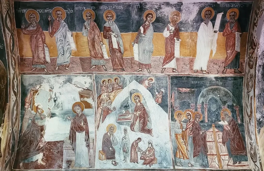 Medieval frescoes inside the Church of the Virgin at Gelati Monastery, Kutaisi, Georgia.