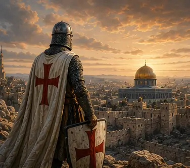 Crusader knight standing before Jerusalem during the era of the First Crusade