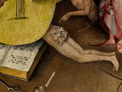 Detail from the Hell panel of Hieronymus Bosch's The Garden of Earthly Delights, showing musical notes on the buttocks of a condemned figure.