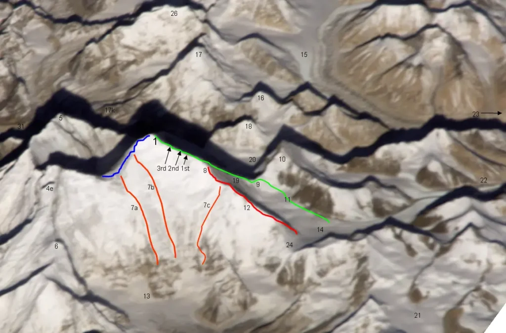 Map showing climbing routes on the Kangshung Face, the eastern side of Mount Everest from the Tibet side.