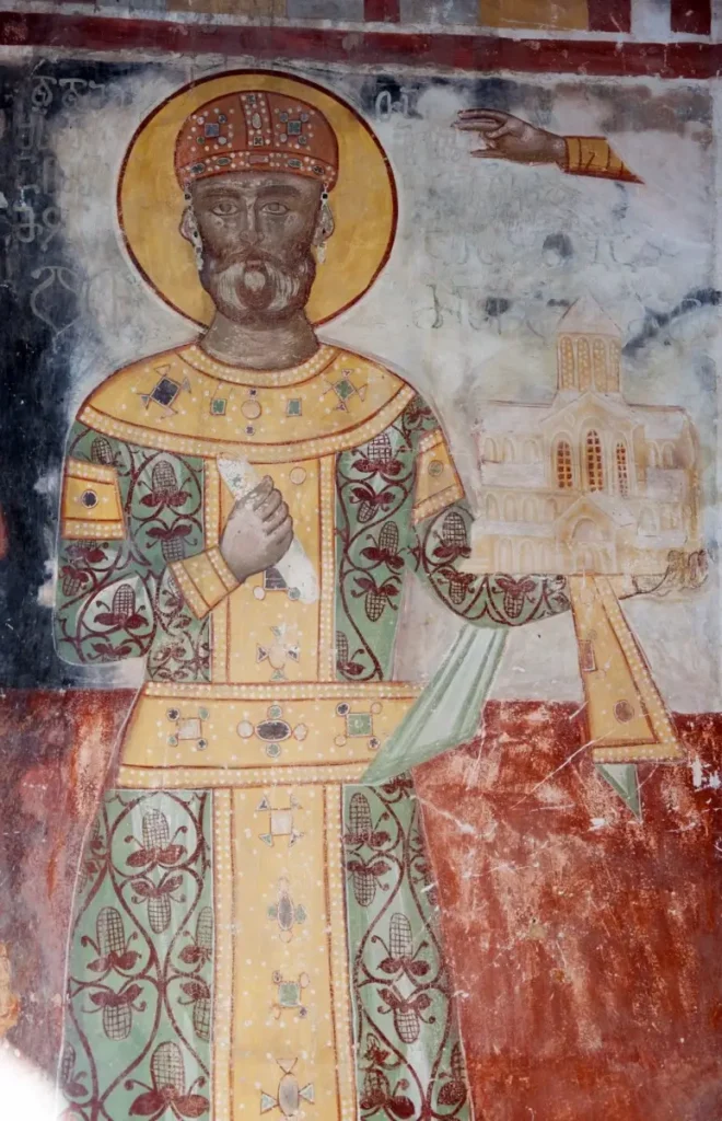Medieval fresco of King David IV the Builder at Gelati Monastery, Georgia.