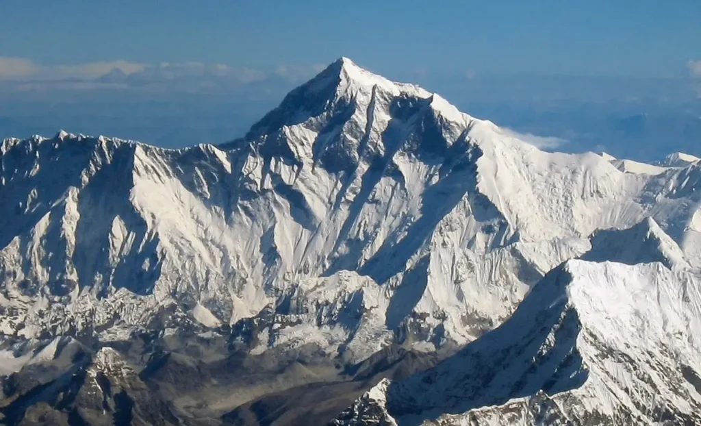 Panoramic view of Mount Everest, the highest mountain on Earth, in the Himalayan range.