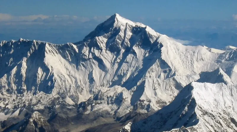 Panoramic view of Mount Everest, the highest mountain on Earth, in the Himalayan range.