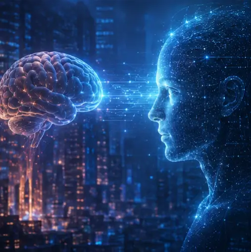 Conceptual illustration of a digital connection between the human brain and artificial intelligence.