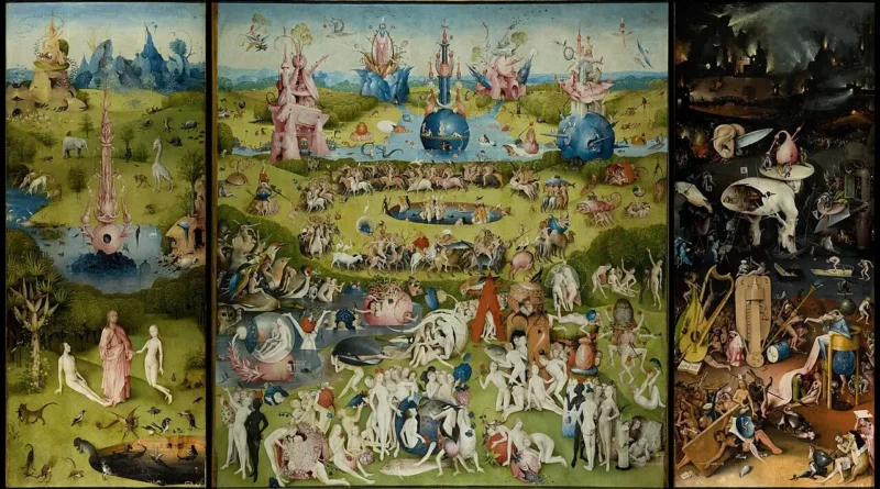 Hieronymus Bosch's triptych The Garden of Earthly Delights, depicting Paradise, the world of earthly pleasures, and Hell.