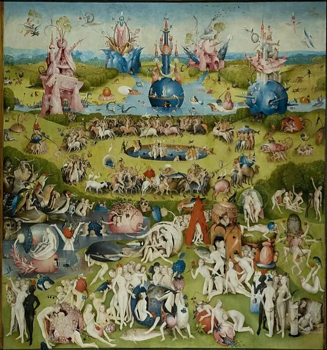Central panel of Hieronymus Bosch's The Garden of Earthly Delights, filled with hundreds of people, fantastical creatures, and earthly pleasures.