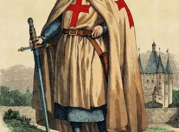 Historical illustration of Jacques de Molay, the last Grand Master of the Knights Templar, wearing the traditional white cloak with the red Templar cross.