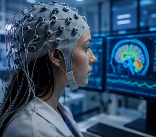 Research participant wearing an EEG cap during a brain activity experiment.