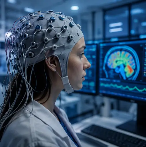 Research participant wearing an EEG cap during a brain activity experiment.