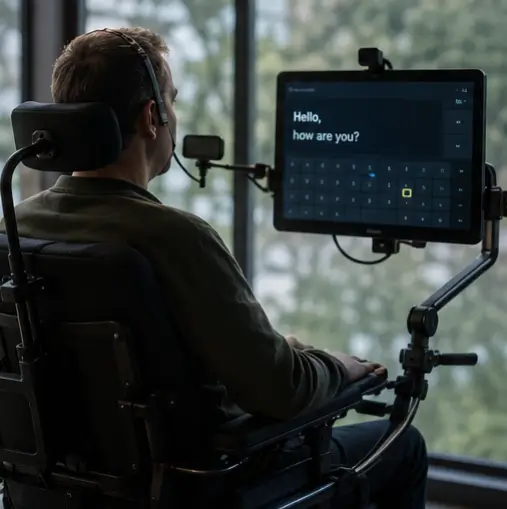 A person with paralysis controlling a computer through a brain-computer interface.