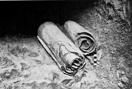 Dead Sea Scrolls in the Qumran Cave before archaeological examination