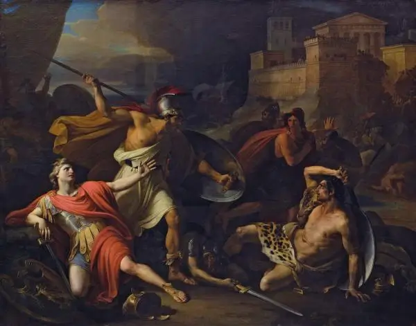 Сократ защищает Алкивиада в битве при Потидее — картина П. В. Басина, 1828 год