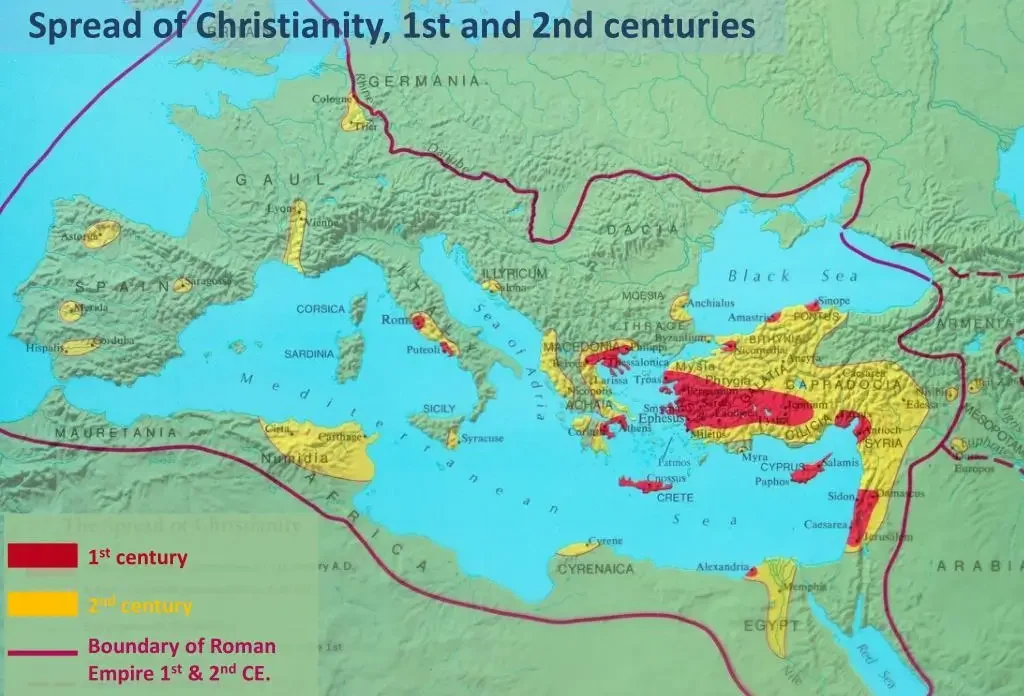 Карта распространения христианства в I и II веках