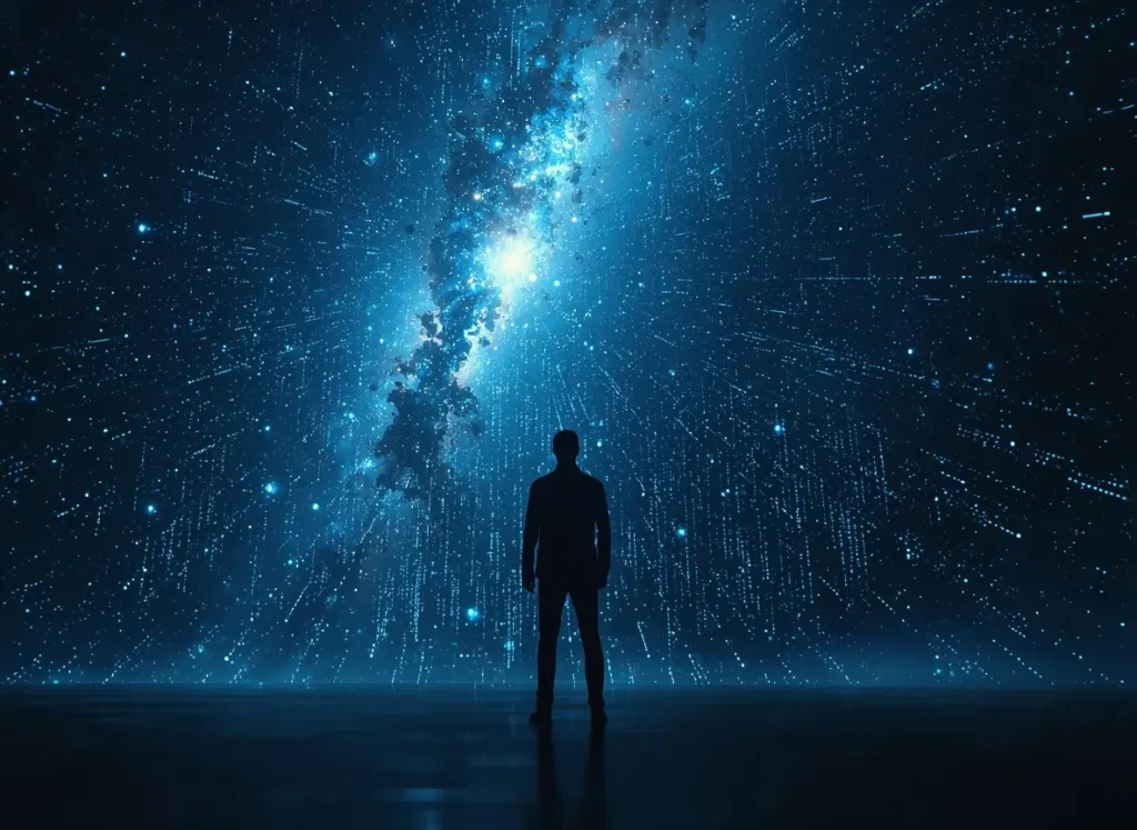 Human silhouette standing before a digital universe
