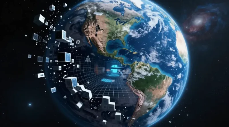 Earth breaking into digital pixels and a grid