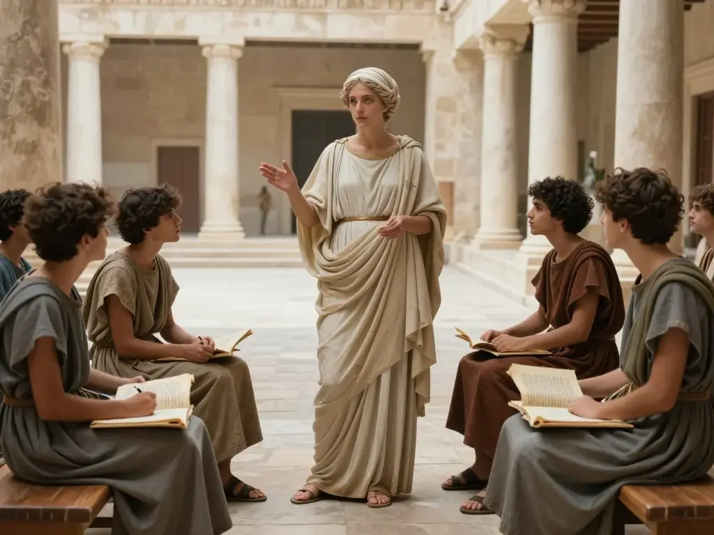 Hypatia teaching students philosophy and science in Alexandria
