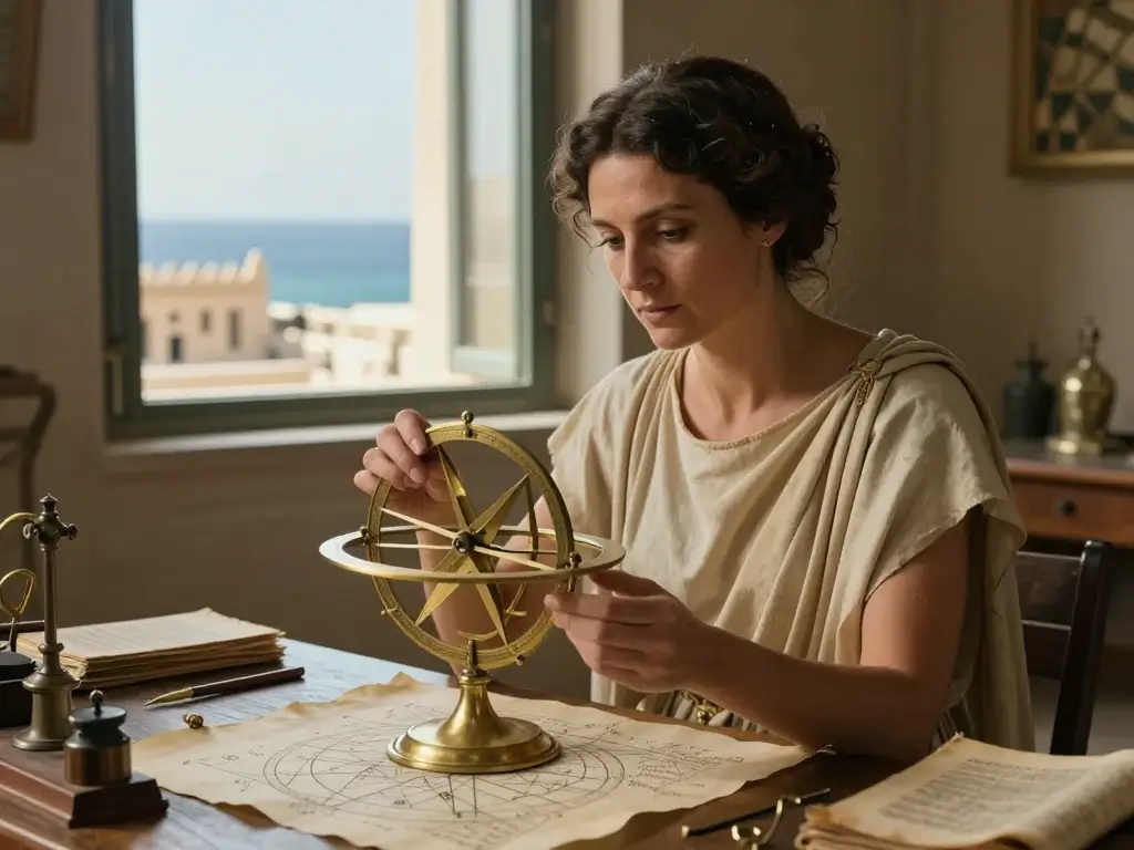 Hypatia with an astrolabe in ancient Alexandria