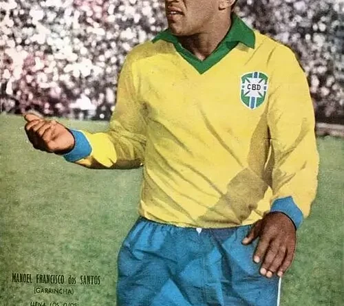 Garrincha in a Brazil national team jersey on the football field