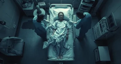 A symbolic overhead view of a patient and medical team during resuscitation
