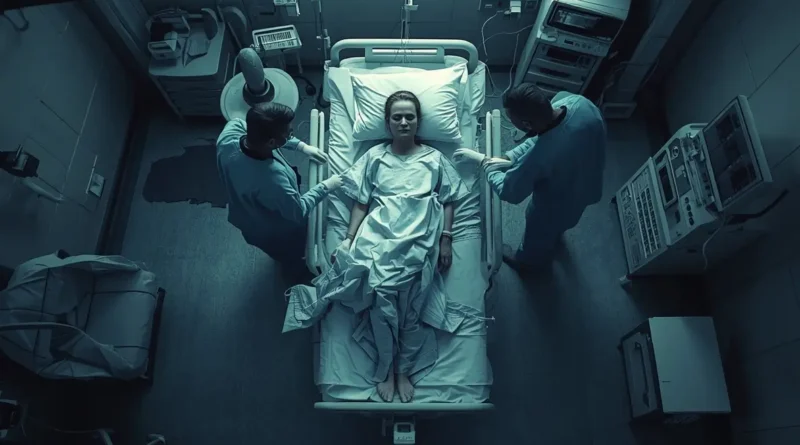A symbolic overhead view of a patient and medical team during resuscitation
