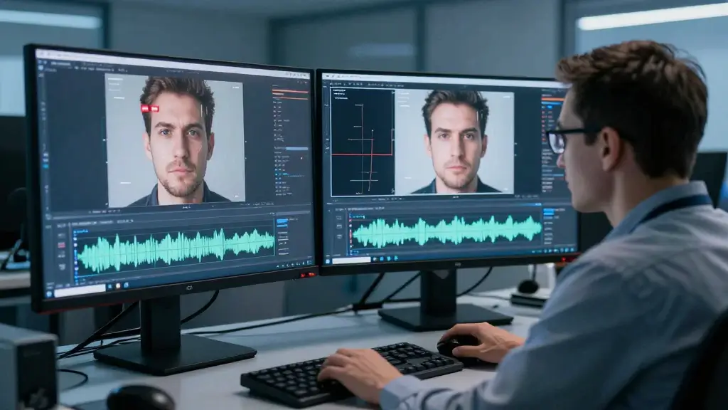 Digital forensics specialist checking video authenticity